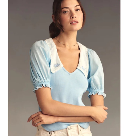 NWT BY ANTHROPOLOGIE LIGHT BLUE SHORT-SLEEVE COLLARED TOP SIZE S - Picture 2 of 7